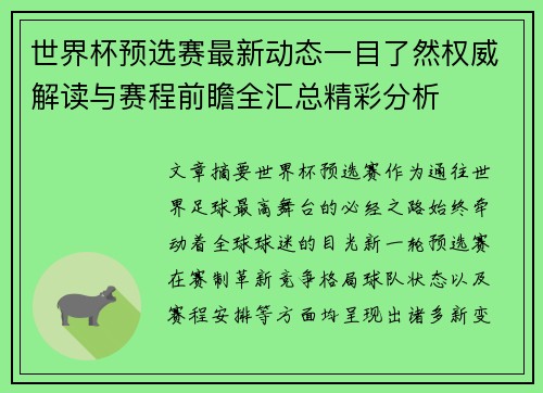 世界杯预选赛最新动态一目了然权威解读与赛程前瞻全汇总精彩分析 世界杯预选赛最新动态一目了然权威解读与赛程前瞻全汇总精彩分析